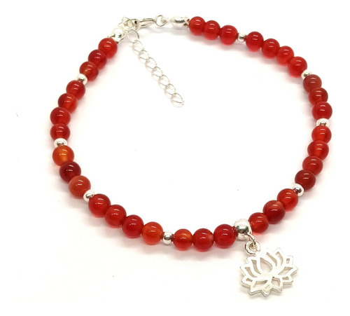 Pulsera Roja Protección Plata 925 Ágata Cornalina Loto