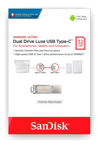 Usb Dual Tipo C 32gb Sandisk Ultra  150mb/s Móvil/pc/mac 3.1