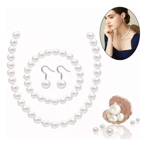 Collar Pulsera Set Perlas Acero Inoxidable 6mm