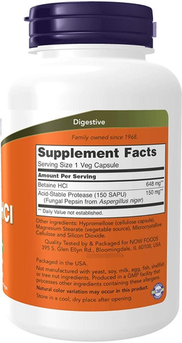 Betaína Hcl 648 Mg Apoyo Digestivo Now 120 Capsulas Vegetale