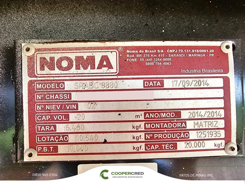 Carreta Bi Caçamba 2014 Noma 20m³+fominha 4 Eixos Lona Fácil