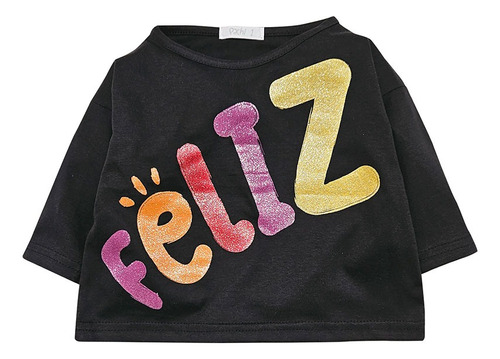 Remera Con Gran Estampa Con Gliter Feliz Brillante.