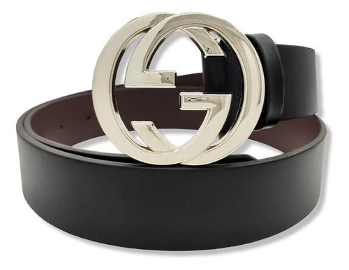Cinturon Gg Moda Mujer Hombre Negro Liso Unisex G-invertida Color G Invertida Plateada Talla L (125cm)