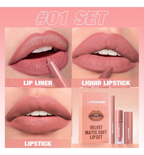 Set De Lápiz Labial 3 En 1, Brillo Labial Y Lápiz Labial Imp