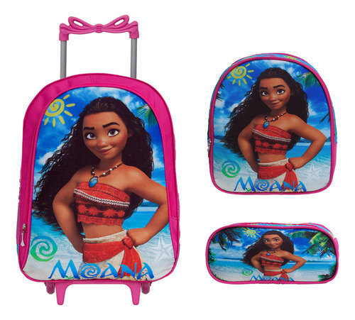 Kit Mochila Infantil Escolar Feminina Moana Rodinha Creche