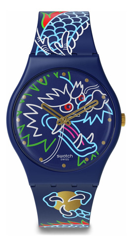Reloj Swatch Dragon In Waves So28z125 Correa Azul Bisel Azul Fondo Azul