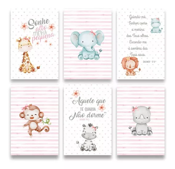 Kit 6 Placas Quadros Decorativos Menina Bebê Kids Safari 