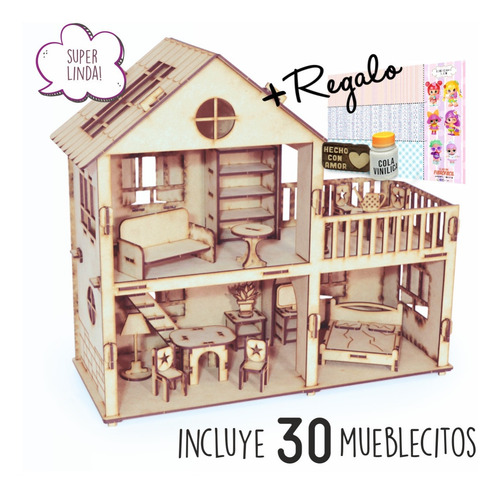 Imagen 2 de 10 de Casita De Muñecas Madera Fibrofácil + 30 Muebles + Regalos