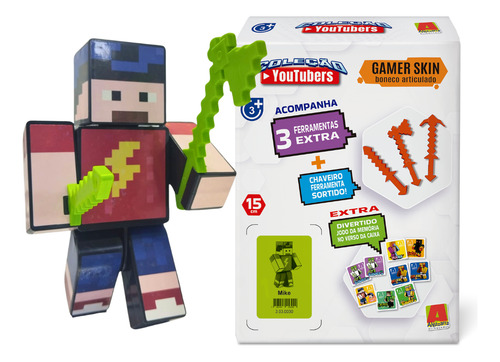 Boneco Mike Minecraft 15 Cm Com 3 Ferramenta E 1 Chaveiro