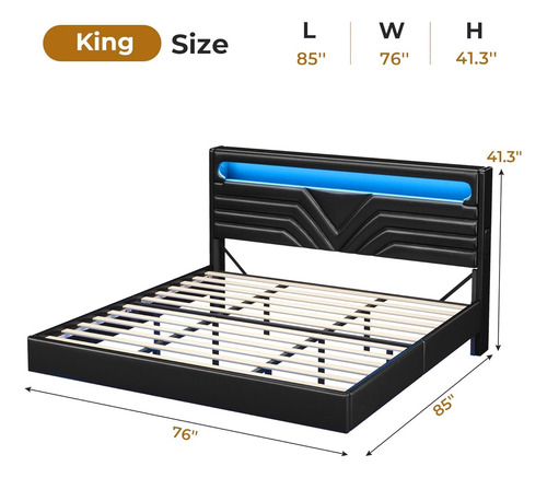 Base De Cama King Size Con Cabecera Con Luz Led & Usb Negra