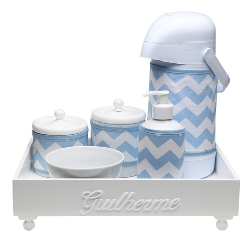 Kit Higiene Madeira Rosa Chevron Porcelana Cotonete Bebê Cor Azul