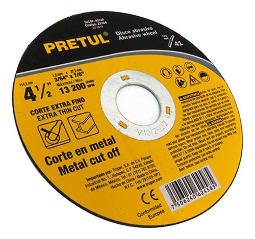 Disco De Corte Metal 4½'' 2 Unidades Pretul 1mm - Acerix