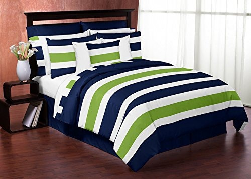 Juego De Cama Rayas Niños Azul Marino, Verde Lima Y Blanco