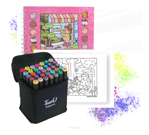 Kit 36 Canetinhas Ponta Dupla Touch + Livro De Colorir Bobbie Goods Capa Dura