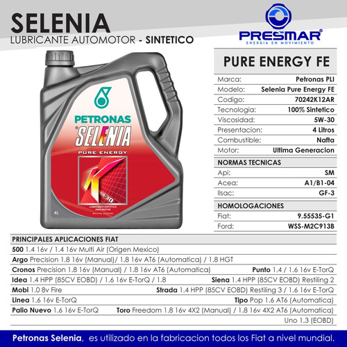 Aceite Selenia K Pure E Fe 5w30 Fiat Palio Nvo 1.6 16v 4l