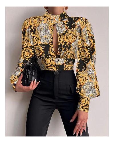 Camisa Sin Espalda Con Cuello Alto Y Manga Tipo Farol For M
