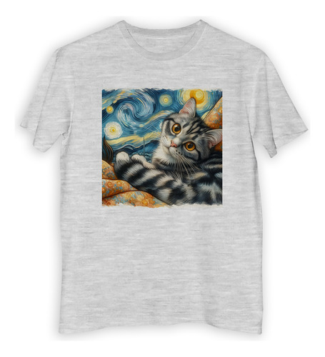 Remera Hombre Gato Tierno Mirada Gris Negro Van Gogh