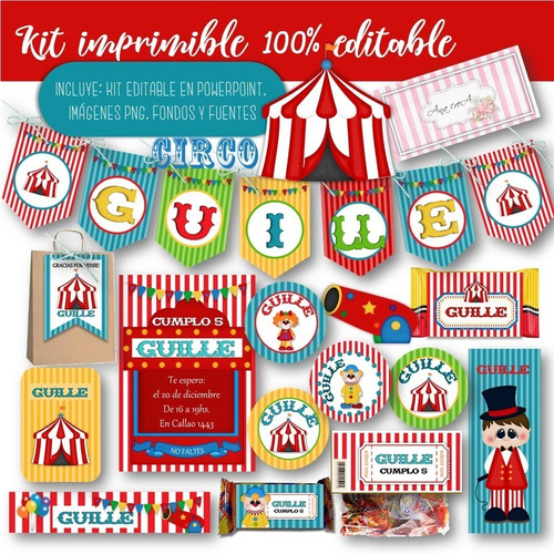 Kit Imprimible Circo Infantil Mod.1 100% Editable Candy Bar