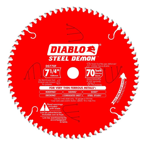 Disco Diablo Para Sierra Circular 7-1/4 70 Dientes Corta Metal Ferroso hasta 1mm de espesor