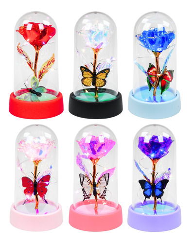 Rosa Eterna Tornasol + Mariposa Con Luz Led Flor Artificial Rojo