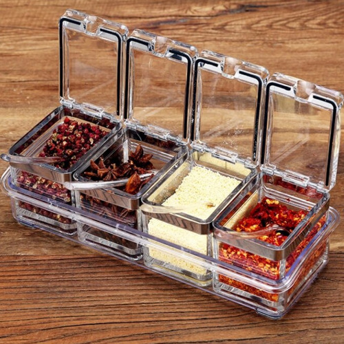 Soporte acrílico para condimentos con cuchara compacta resistente de color transparente