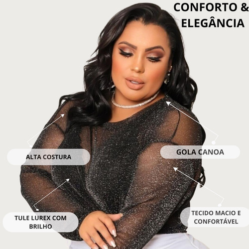 Blusa Plus Size Brilhosa Transparente Em Lurex Premium