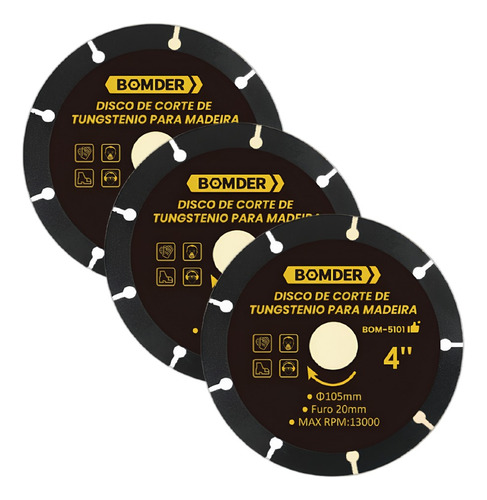 Kit 3 Discos De Corte Tungstenio Para Madeira Furo 20mm