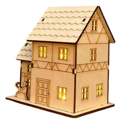 Escultura De Casa De Madera Sin Pintar Estiloe 11x7.8x11.6cm