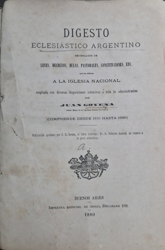 3722 Digesto Eclesiastico Argentino- Recopilación De Leyes, 