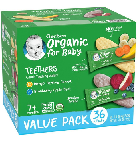 Comida Para Bebé  Gerber Organic For Baby  36 Galletas Sabor Mango, Platano, Zanahoria, Mora Azul, Manzana