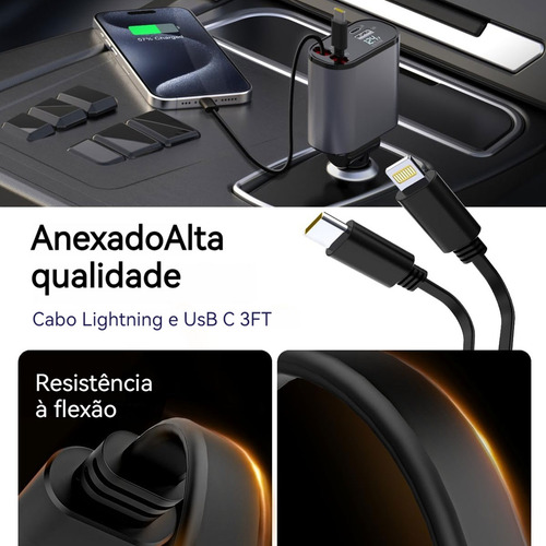 Carregador Turbo De Carro Retrátil Para iPhone Com 2cabo+led