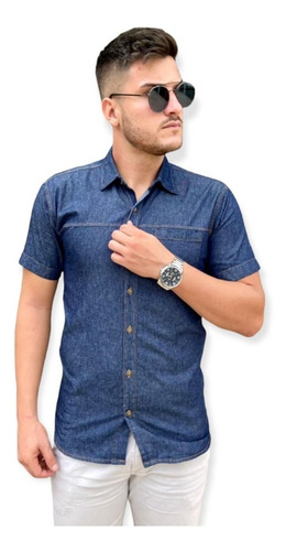 Imagem 2 de 9 de Camisa Jeans Premium Masculina Slim Manga Curta Promoção
