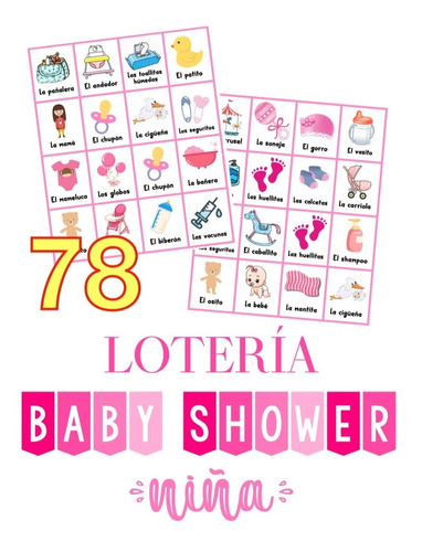 Loteria Baby Shower Niña Digital 78 Cartas. Kit Imprimible 