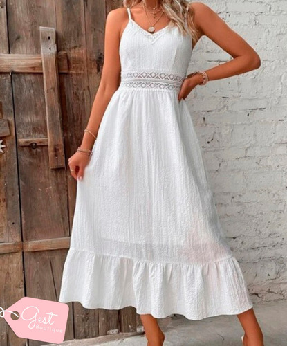 Vestido Blanco Con Encaje Y Tiras Ajustables Playa Casual 