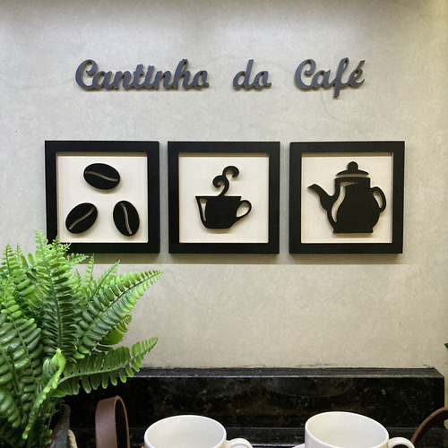 Kit 3 Quadros Decorativos Cantinho Do Café + Frase 3d Relevo Cor Preto E Bege