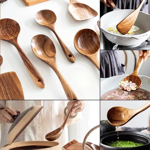 Cucharas de madera para cocinar, juego de utensilios de cocina de madera de  madera maciza natural, incluye cucharas, espátulas, cucharones, cuchara