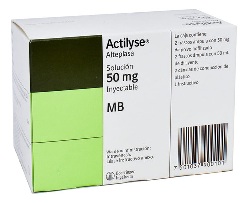 Actilyse Solución 50 Mg, 2 Frascos Ámpula + 2 Frascos Ámpula Disolvente 50 Ml