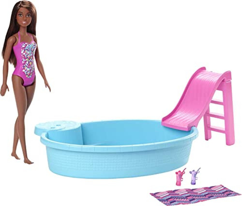 Barbie Muñeca  Y Juego De Piscina Con Tobogán Rosa, Accesori