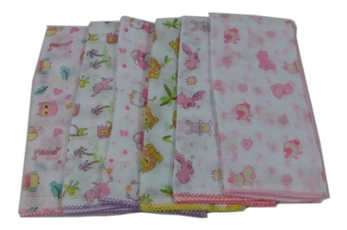 Kit 20 Fralda De Pano Estampada Menina 70x70cm Com Crochê