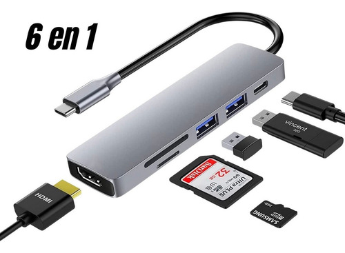 Hub Usb C 6 En 1 Adaptador Lector Sd Pd Hdmi Para Mac iPad