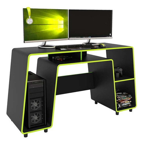 Mesa Gamer London 1 Prateleira Preto/verde Limão - Politorno Cor Preto e Verde Limão