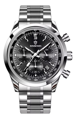 Reloj Binbond B380 Fondo Negro Acero Inoxidable Malla Silver Malla Plateado Bisel Plateado