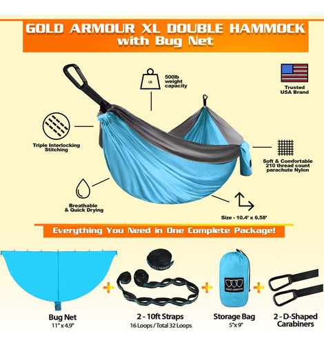 Hamaca Doble Gold Armour Xl Con Red Antimosquitos 3,17m