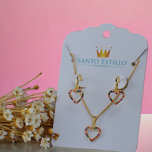 Kit Brinco E Colar Infantil Dourado Coração Zircônia Menina