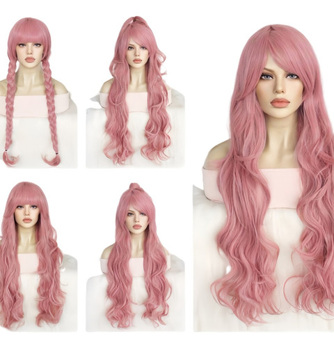 Elegante Peluca Rosa Ondulada Extra Larga Con Flequillo Para