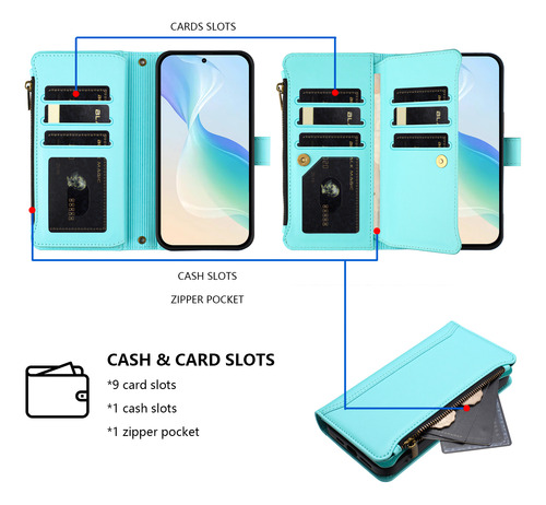 Funda Para Teléfono Tecno Spark 30c 4g De Piel Con Bolsillo Con Cremallera, 9 Ranuras Para Tarjetas Y Correa Para La Muñeca