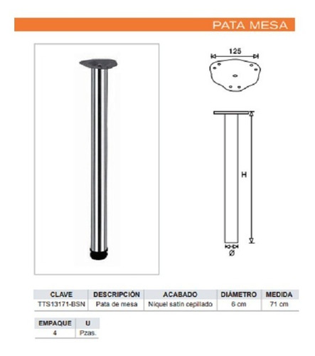 Imagen 3 de 4 de Patas Redondas Para Barra Mesa O Escritorio 71 Cm (4 Piezas)