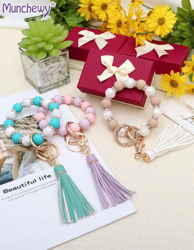 Llavero De Silicona Para Mujer, Pulsera Elástica Con Cuentas