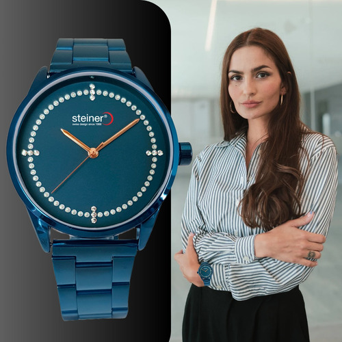 Reloj Steiner Análogo Extensible Acero Inoxidable 3atm Dama Correa Azul Acero Bisel Gris Fondo Azul