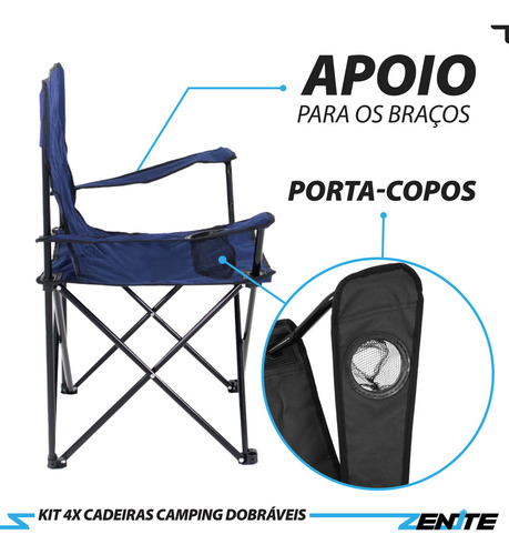 Kit 4 Cadeiras Praia Camping Dobrável Braço C/ Porta Copos + Bolsa Azul Zenite